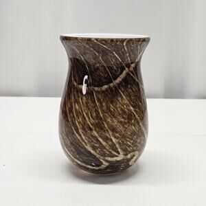 Vtg MURANO STYLE GLASS 6.5" VASE Speckled Gold & Brown White Stripes Earthy